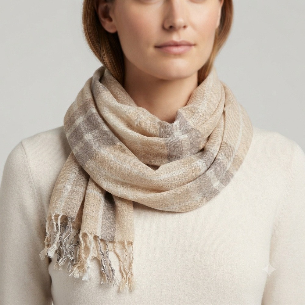 Women Scarf Beige Plaid Metallic Shimmer Fringe Neutral Lightweight Wrap